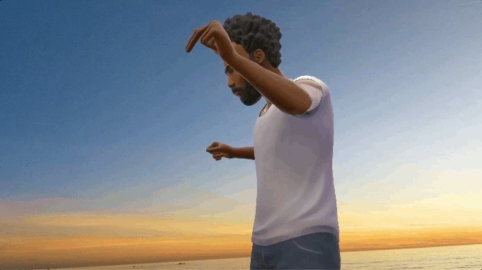 An animated Childish Gambino singing and dancing in Los Angeles